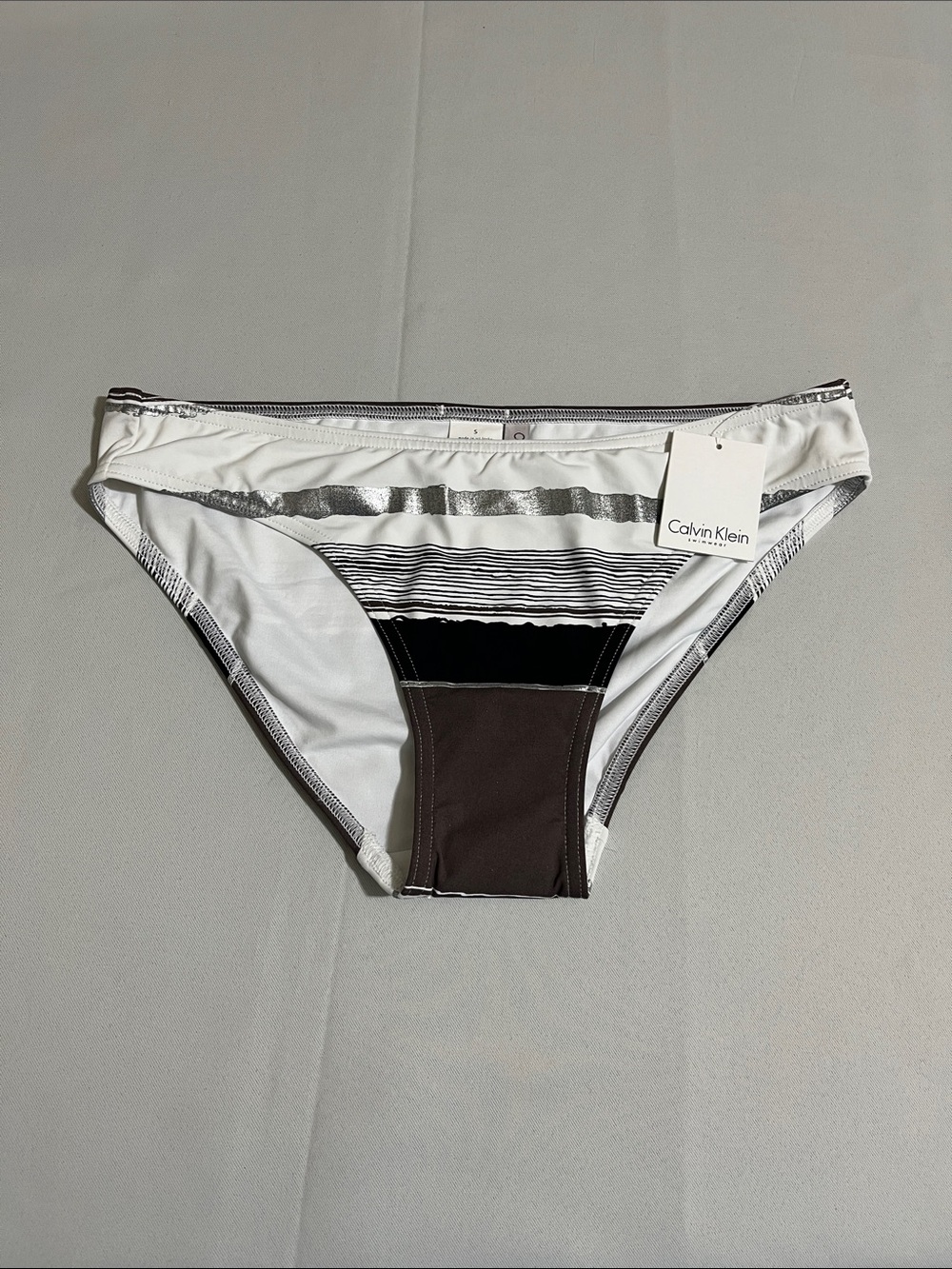 CALVIN KLEIN Classic Hipster Bikini Bottom w Metallic Silver Stripes Size S